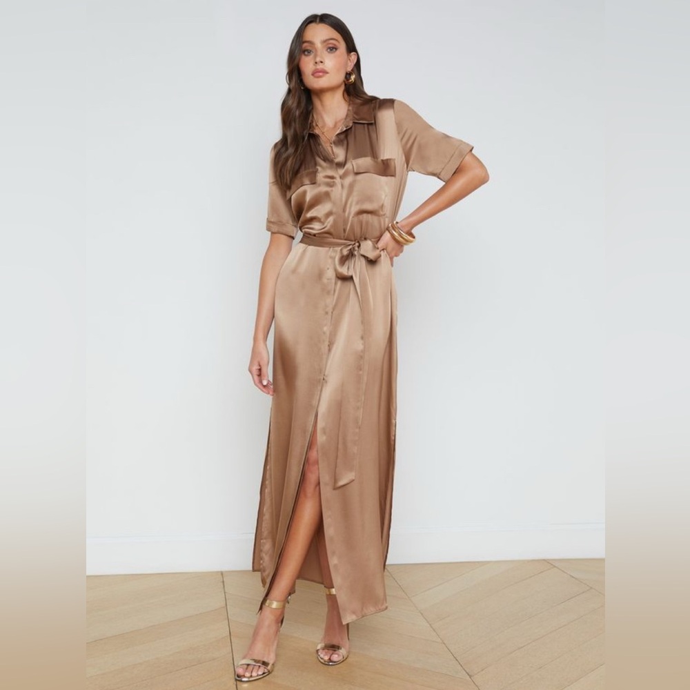 Gorgeous Silk Dark Cappuccino L’AGENCE Kelment Style Tie Shirt Dress